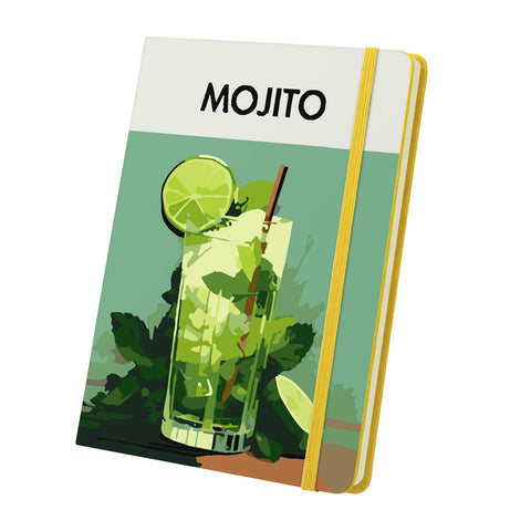 Fresh mojito with lime slice and mint leaves Notebook Paint by Numbers Kit featuring a tall cocktail glass on yellow or pink cover by PaintEasy