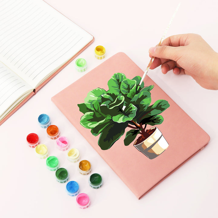Green fiddle leaf fig notebook Paint by Numbers Kit with ceramic planter and yellow or pink cover options by PaintEasy