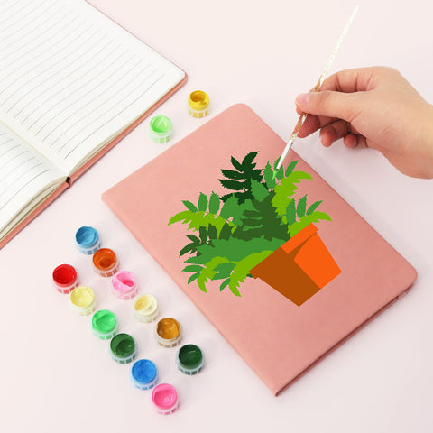 Green leafy houseplant with orange pot Notebook Paint by Numbers Kit with yellow and pink cover options by PaintEasy