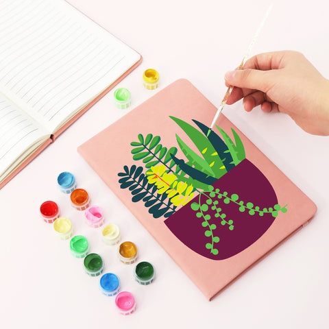 Green leafy houseplant with purple pot Notebook Paint by Numbers Kit with yellow and pink cover options by PaintEasy