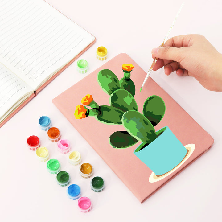 Green cactus plant with orange flowers Notebook Paint by Numbers Kit with yellow and pink cover options by PaintEasy