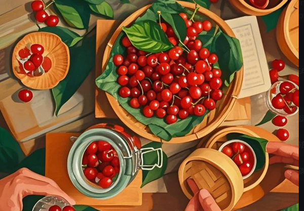 Paint by Numbers：Orchard Ruby Harvest Painting Plump and Tempting Scarlet Cherries with Color DIY Art Kit
