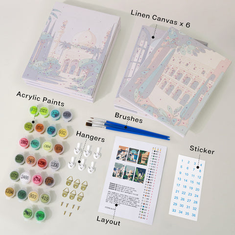Six mini paint by numbers canvases arranged in a set, each featuring Mediterranean and Middle Eastern inspired architectural landscapes including white coastal villages, arched windows, domed buildings, courtyard gardens, seaside towns, and sunlit historic structures, all designed in a clean flat illustration style with soft earth tones and simplified geometric architecture.