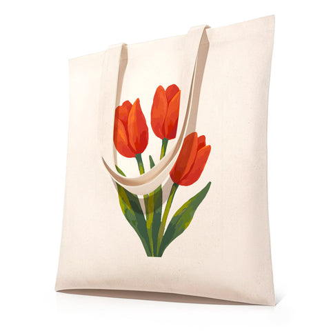 DIY paint by numbers canvas tote bag featuring red tulips with green leaves — PaintEasy Beginner Friendly - Easy & Fast Paint by Numbers artwork