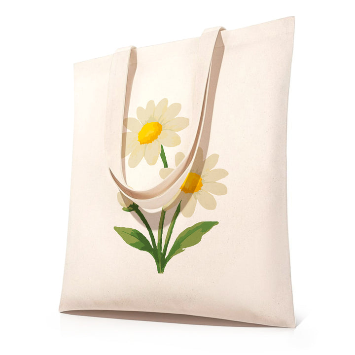 DIY paint by numbers canvas tote bag featuring white daisy flowers with yellow centers and green leaves — PaintEasy Beginner Friendly - Easy & Fast Paint by Numbers artwork
