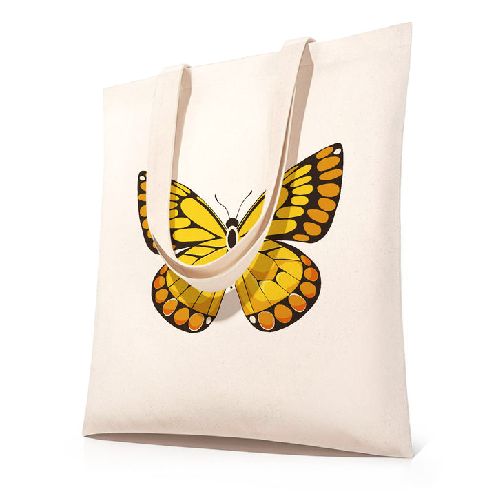 DIY paint by numbers canvas tote bag featuring a vibrant yellow butterfly with orange accents and detailed wings — PaintEasy Beginner Friendly - Easy & Fast Paint by Numbers artwork