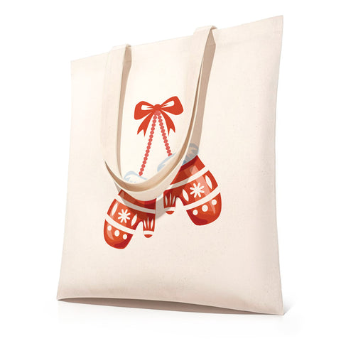 DIY paint by numbers canvas tote bag featuring red Christmas mittens with snowflake patterns and bow — PaintEasy Beginner Friendly - Easy & Fast Paint by Numbers artwork