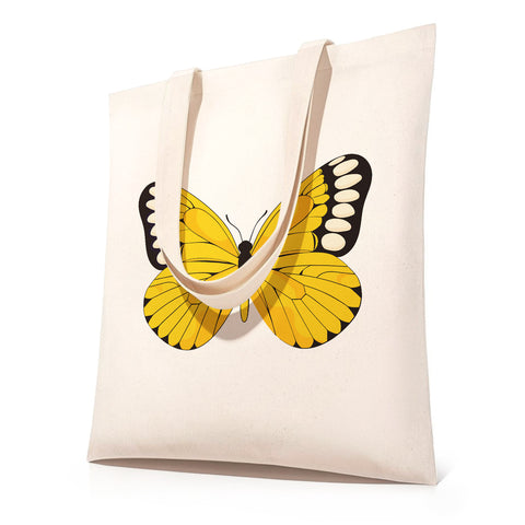DIY paint by numbers canvas tote bag featuring a vibrant yellow butterfly with black and white wing accents — PaintEasy Beginner Friendly - Easy & Fast Paint by Numbers artwork