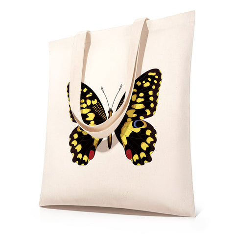DIY paint by numbers canvas tote bag featuring a yellow and black spotted butterfly with vibrant wings — PaintEasy Beginner Friendly - Easy & Fast Paint by Numbers artwork