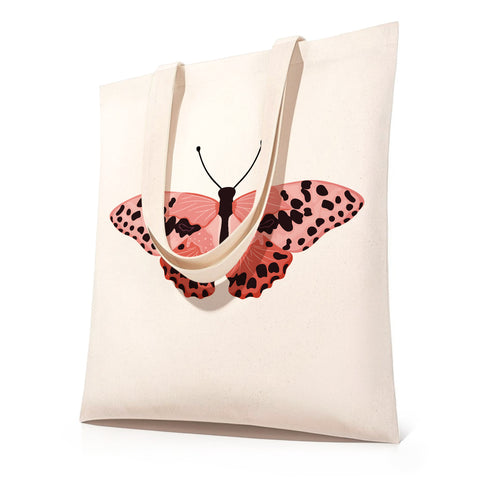 DIY paint by numbers canvas tote bag featuring a pink butterfly with black spotted wings — PaintEasy Beginner Friendly - Easy & Fast Paint by Numbers artwork