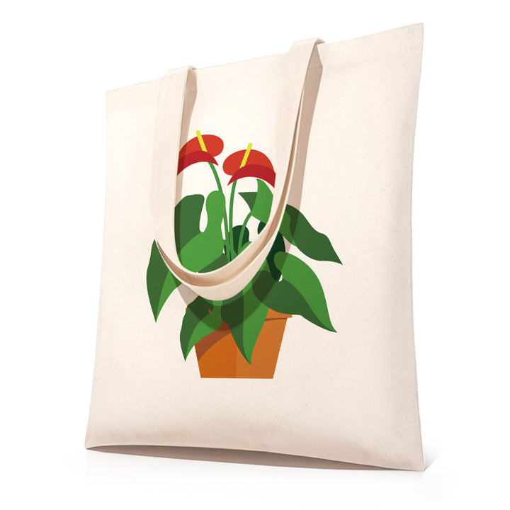 DIY paint by numbers canvas tote bag featuring potted Anthurium plant with red flowers and green leaves — PaintEasy Beginner Friendly - Easy & Fast Paint by Numbers artwork