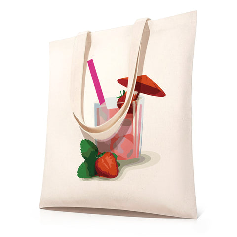 DIY paint by numbers canvas tote bag featuring a strawberry drink with pink cocktail, straw, umbrella, strawberry and mint leaves — PaintEasy Beginner Friendly - Easy & Fast Paint by Numbers artwork