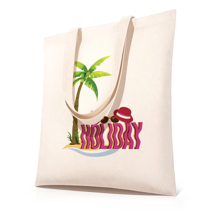 DIY paint by numbers canvas tote bag featuring "HOLIDAY" beach scene with palm tree, sunglasses and sun hat — PaintEasy Beginner Friendly - Easy & Fast Paint by Numbers artwork