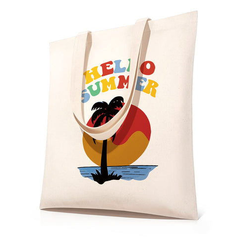 DIY paint by numbers canvas tote bag featuring "HELLO SUMMER" sunset beach scene with palm tree — PaintEasy Beginner Friendly - Easy & Fast Paint by Numbers artwork