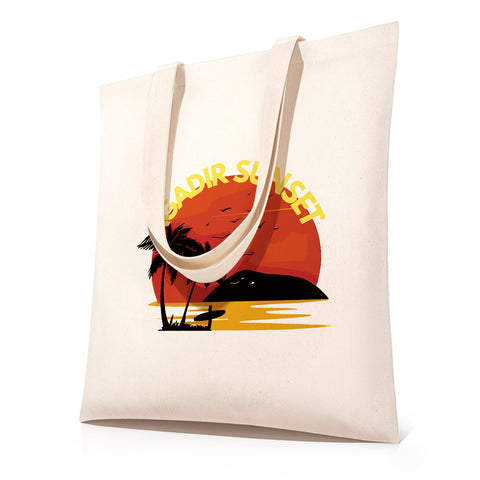 DIY paint by numbers canvas tote bag featuring a vibrant sunset beach scene with palm trees and "AGADIR SUNSET" text — PaintEasy Beginner Friendly - Easy & Fast Paint by Numbers artwork