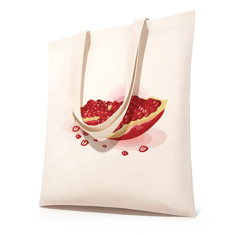 DIY paint by numbers canvas tote bag featuring a juicy pomegranate slice with rich red seeds, yellow pith and soft pink background accents — PaintEasy Beginner Friendly - Easy & Fast Paint by Numbers artwork
