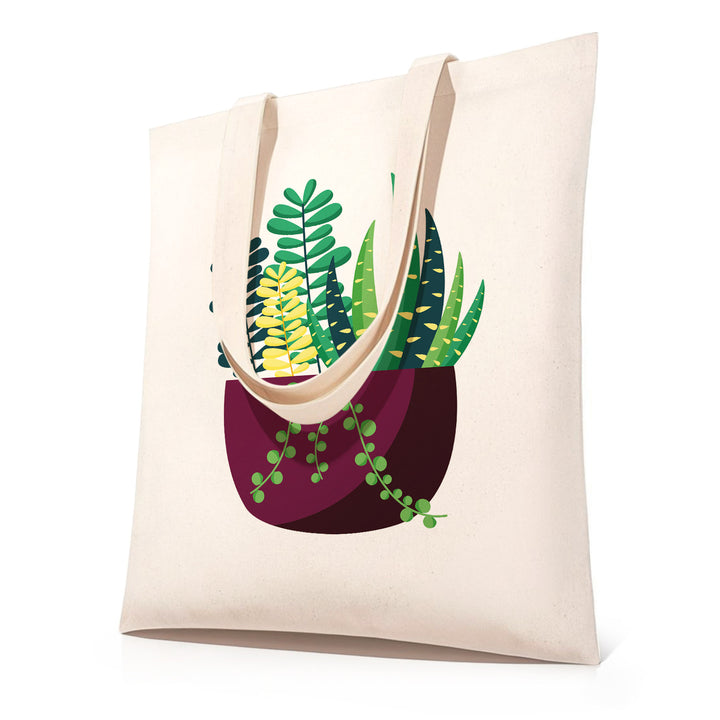DIY botanical paint by numbers tote bag kit featuring a canvas shopping bag with a modern potted plant illustration, including layered green leaves, yellow accents, and trailing vines in a clean flat style, shown as a before-and-after transformation from outline sketch to fully colored botanical design.