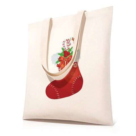 Christmas stocking paint by numbers tote bag kit featuring a canvas bag with pre-printed stocking design, candy canes, holly leaves, ribbons, and festive ornaments, showing before and after painting transformation into a finished red Christmas stocking tote bag.
