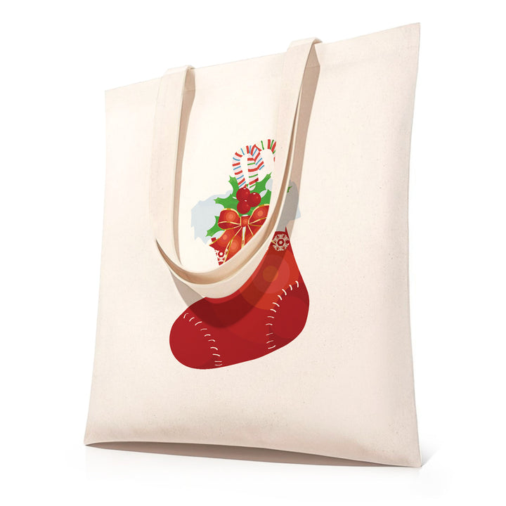 Christmas stocking paint by numbers tote bag kit featuring a canvas bag with pre-printed stocking design, candy canes, holly leaves, ribbons, and festive ornaments, showing before and after painting transformation into a finished red Christmas stocking tote bag.