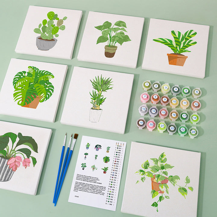 Nine mini paint by numbers canvases arranged in a set, each featuring a different indoor houseplant illustration including cactus, monstera, palm, fern, pothos, and tropical leafy plants in modern ceramic and decorative pots. Each artwork uses a clean flat illustration style with soft green tones, simplified plant shapes, and gentle botanical shading.
