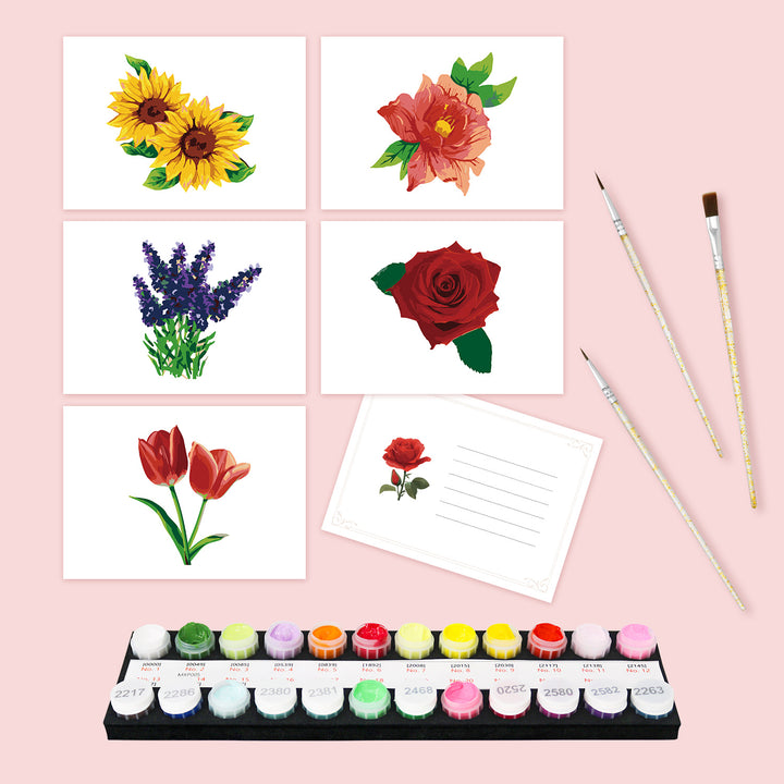 Beautiful Flower Collection Postcard Set (5 in) Paint by Numbers Kit featuring sunflower, hibiscus, lavender, rose and tulip postcards with paints, brushes, envelope, colour card and protective packaging bag by PaintEasy