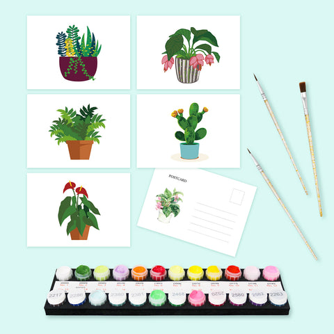 Indoor Houseplants Postcard Set (5 in) Paint by Numbers Kit featuring potted tropical plants, succulents, cactus, flowering houseplants, paints, brushes, envelope, colour card and protective packaging bag by PaintEasy