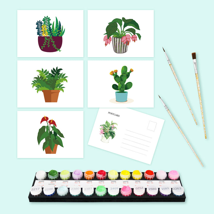 Indoor Houseplants Postcard Set (5 in) Paint by Numbers Kit featuring potted tropical plants, succulents, cactus, flowering houseplants, paints, brushes, envelope, colour card and protective packaging bag by PaintEasy