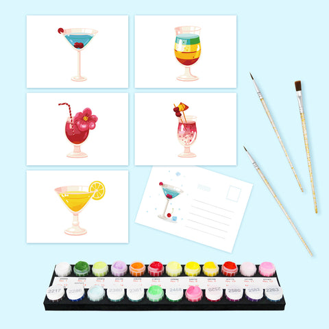 Elegant Cocktail Postcard Set (5 in) Paint by Numbers Kit featuring five stylish cocktail postcard designs with numbered paints, brushes, envelope, colour card and protective packaging bag by PaintEasy