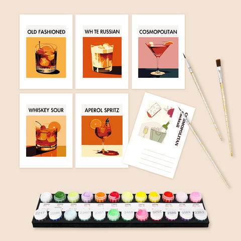 Classic Cocktail Collection Postcard Set (5 in) Paint by Numbers Kit featuring Old Fashioned, White Russian, Cosmopolitan, Whiskey Sour and Aperol Spritz postcards with paints, brushes, envelope, colour card and protective packaging bag by PaintEasy