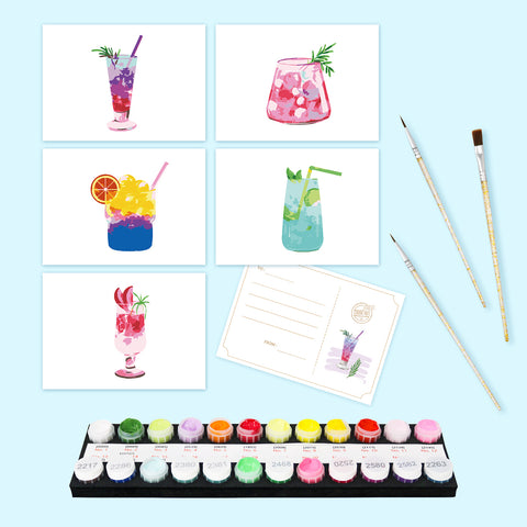 Colorful Cocktail Collection Postcard Set (5 in) Paint by Numbers Kit featuring five vibrant cocktail postcards with numbered paints, brushes, envelope, colour card and protective packaging bag by PaintEasy