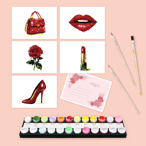 Fashion Icons Postcard Set (5 in) Paint by Numbers Kit featuring a handbag, red lips, rose, lipstick, high heel, paints, brushes, envelope and postcard by PaintEasy