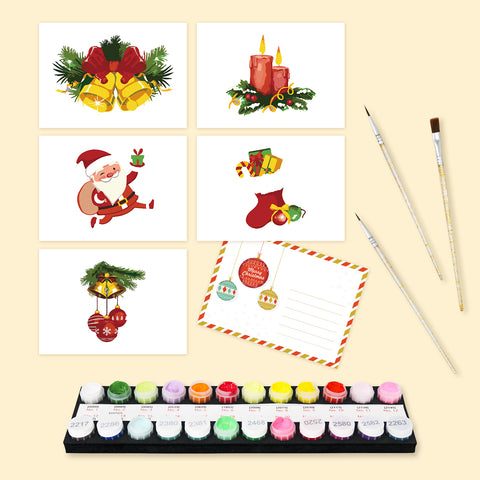 Christmas Holiday Postcard Set (5 in) Paint by Numbers Kit featuring Santa Claus, candles, bells, stockings, ornaments, paints, brushes, envelope and postcard by PaintEasy