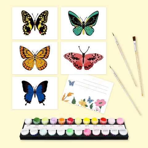 Colorful butterfly postcard Paint by Numbers Set (5 in) featuring blue, orange, yellow and pink butterfly illustrations with postcards, paints, brushes, envelope and colour card by PaintEasy