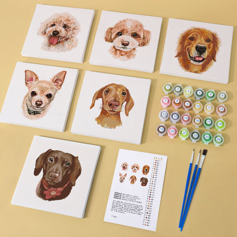 Six mini paint by numbers canvases arranged in a set, each featuring a cute dog portrait including poodle, retriever, dachshund, chihuahua, and other dog breeds. Each artwork uses a soft painterly style with warm tones, simplified brush textures, and expressive facial details.