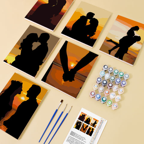 Six mini paint by numbers canvases arranged in a set, each featuring romantic couple silhouettes against sunset backgrounds, including hand-holding, embracing, and standing poses by the sea. Each artwork uses strong black silhouettes contrasted with warm orange and golden sunset gradients in a simple and emotional style.