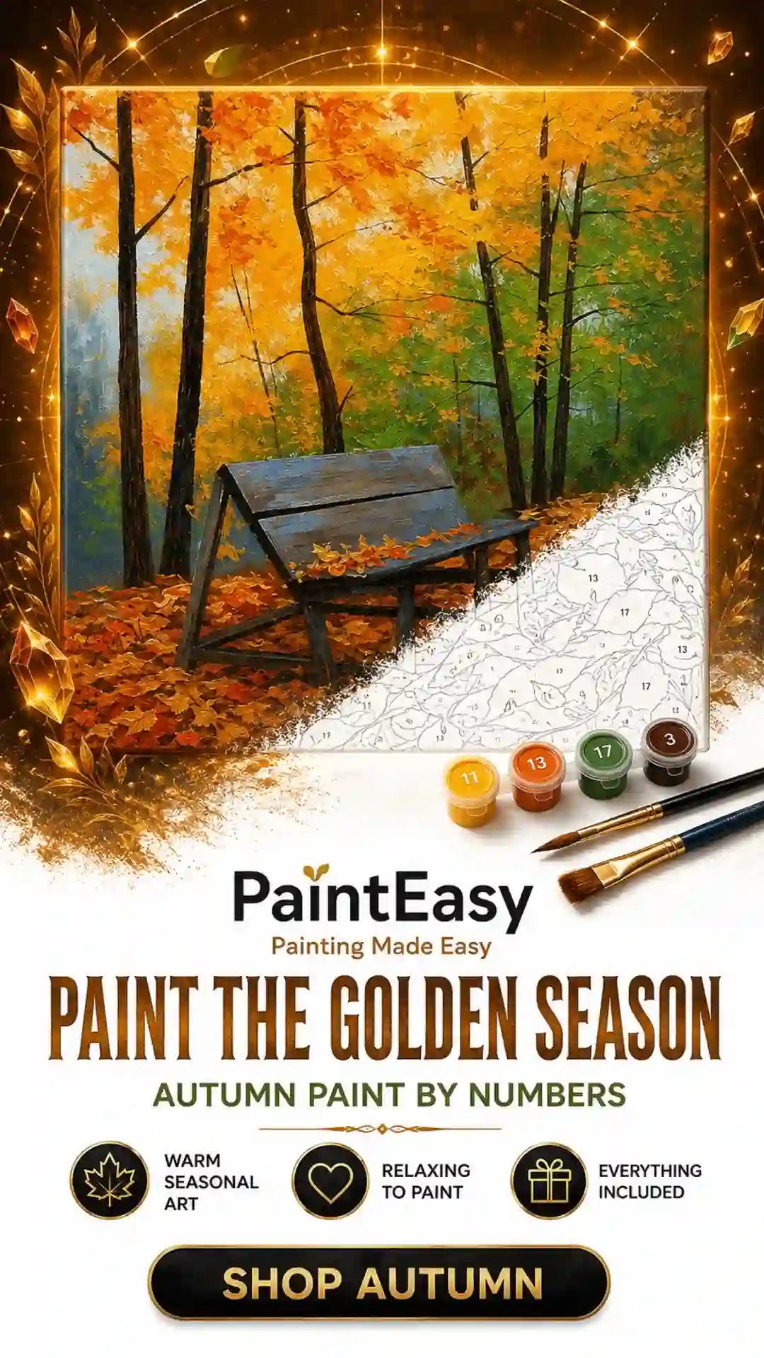 Golden autumn forest path and bench paint-by-numbers kit