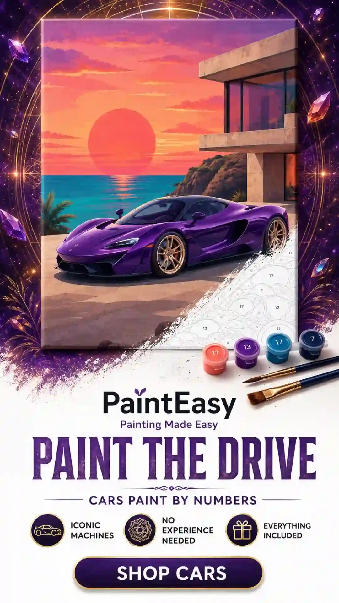 Purple sports car at sunset paint-by-numbers kit