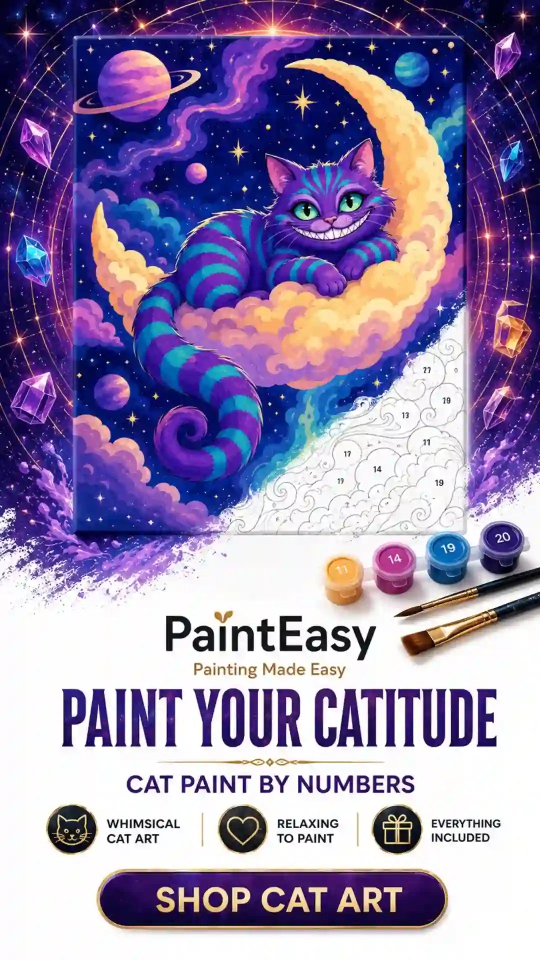 Cosmic cat on a crescent moon paint-by-numbers kit