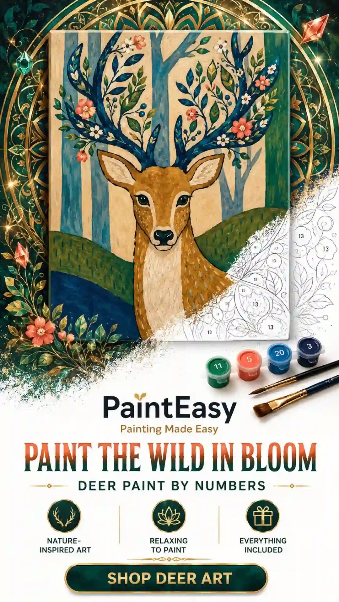 Art Nouveau deer in a floral forest paint-by-numbers kit