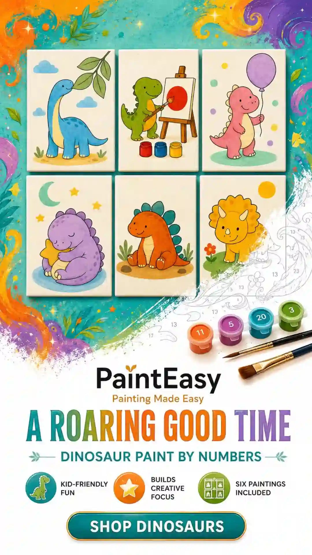 Colorful dinosaur mini paint-by-numbers set for kids