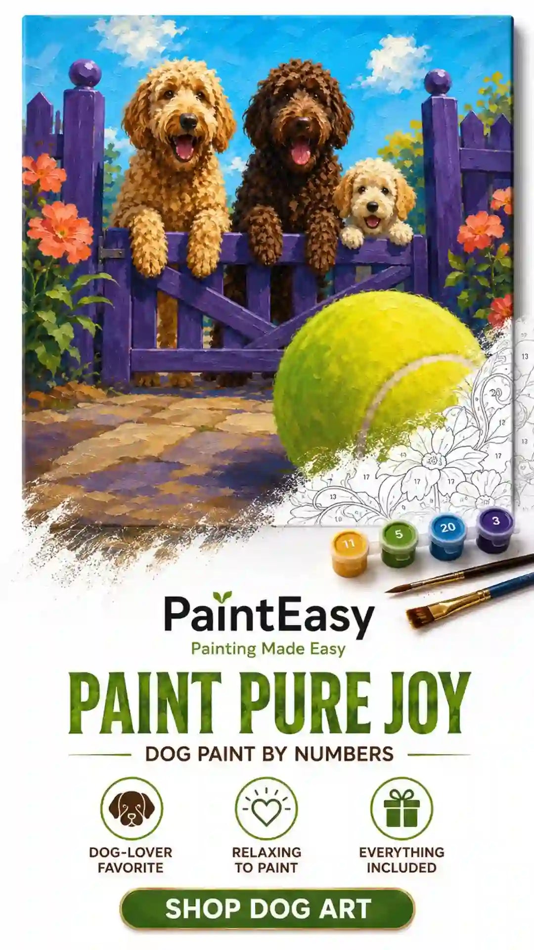 Three dogs watching a tennis ball paint-by-numbers kit