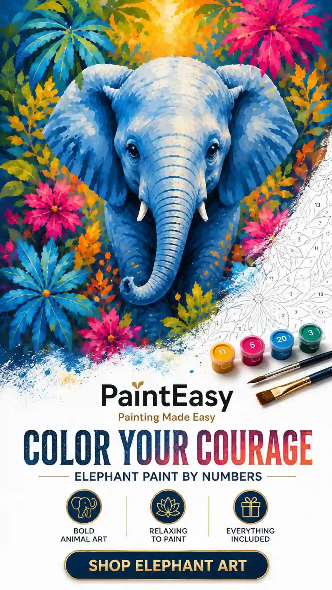 Blue elephant surrounded by tropical flowers paint-by-numbers kit