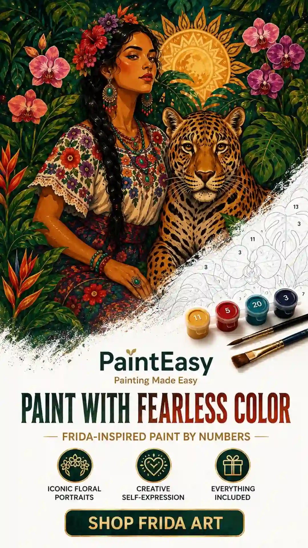 Frida-inspired woman and tiger paint-by-numbers kit