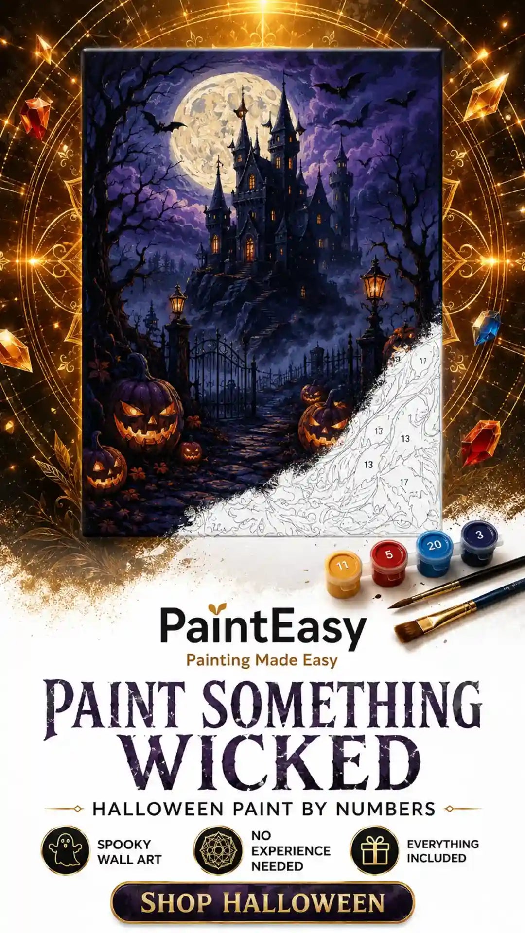 Moonlit haunted castle Halloween paint-by-numbers kit