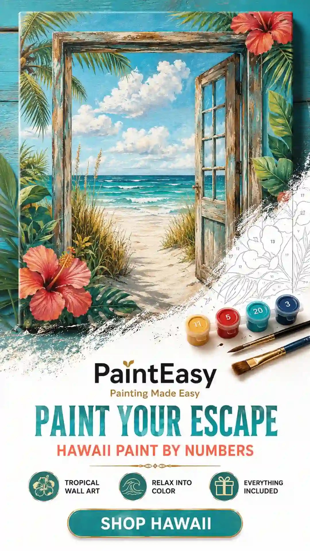 Tropical Hawaiian doorway and ocean view paint-by-numbers kit