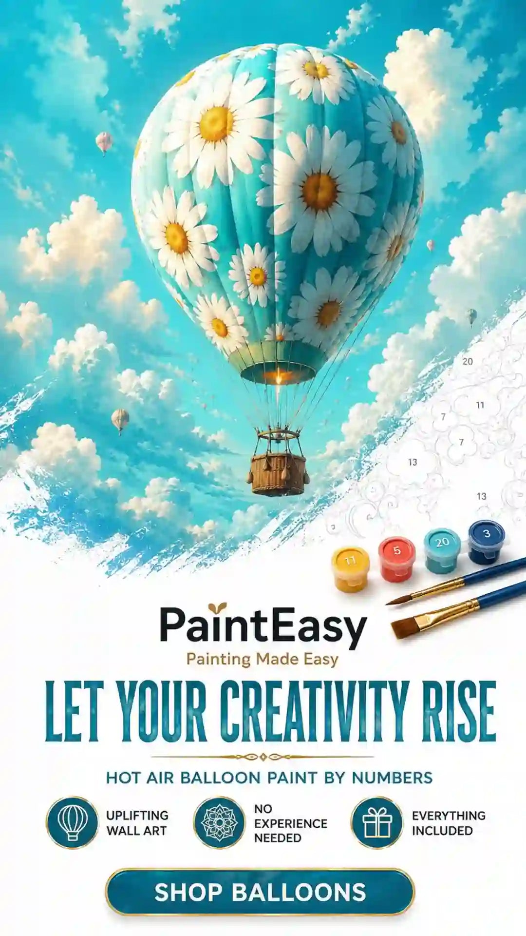 Floral hot-air balloon floating through bright clouds paint-by-numbers kit
