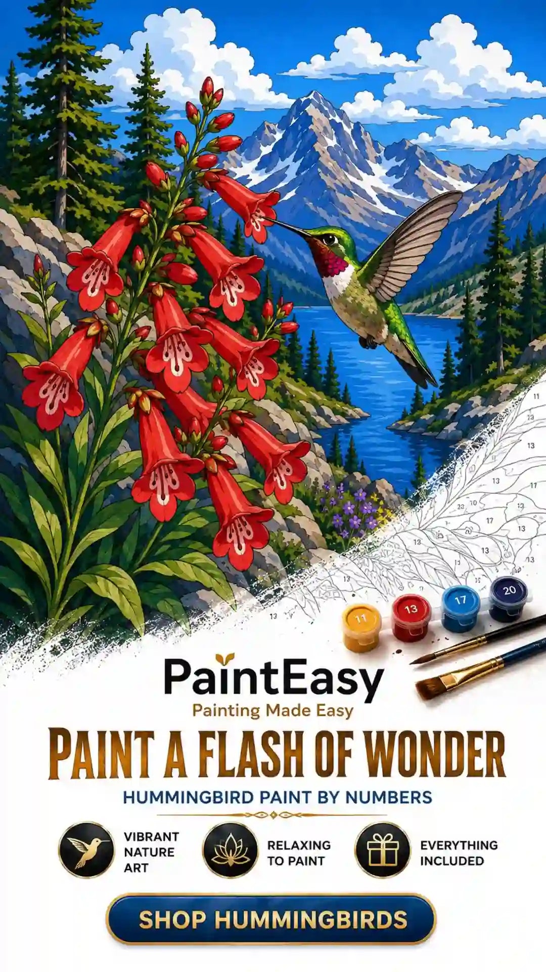 Hummingbird among red flowers and mountain scenery paint-by-numbers kit