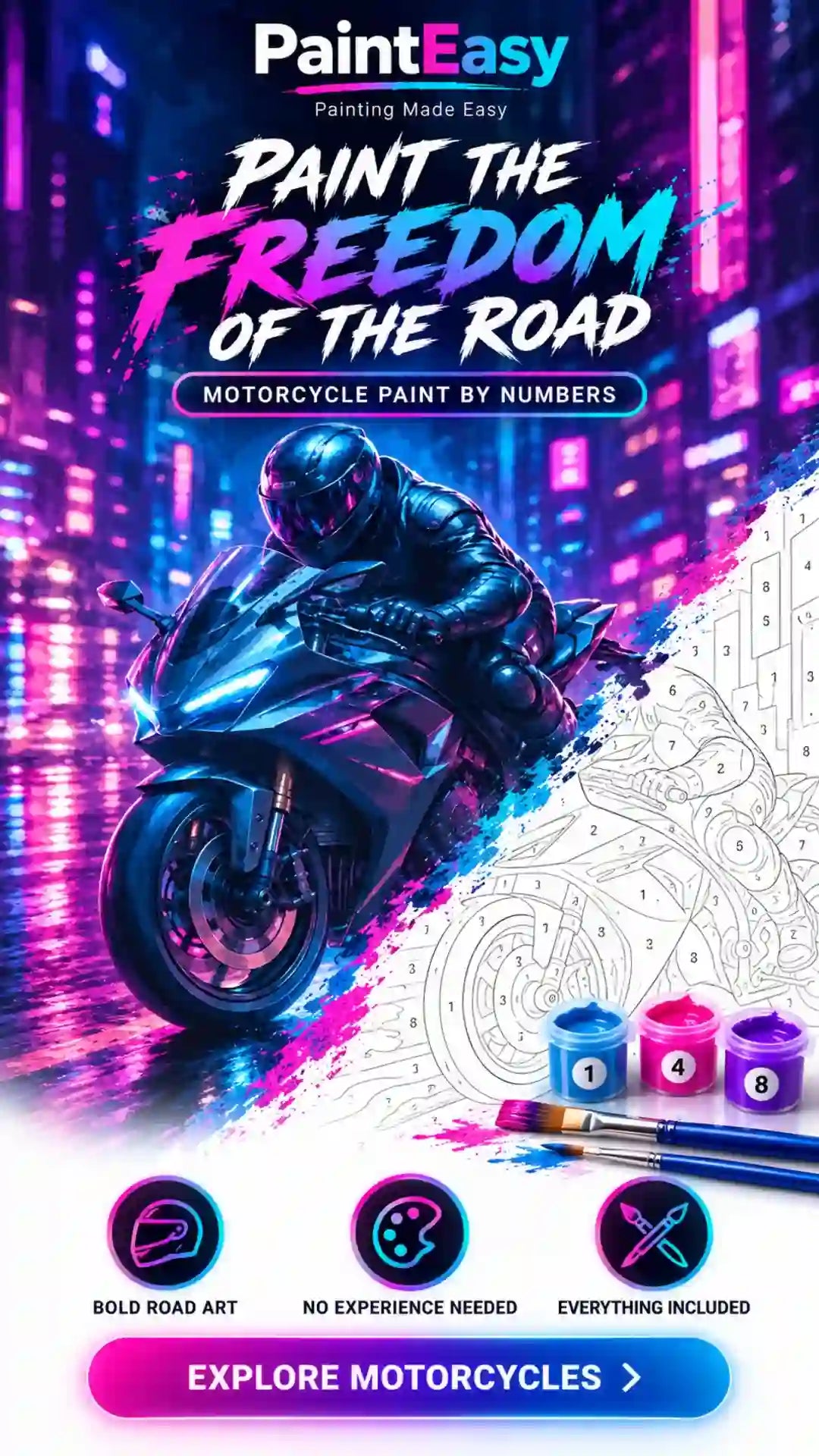 Neon motorcycle paint-by-numbers kit