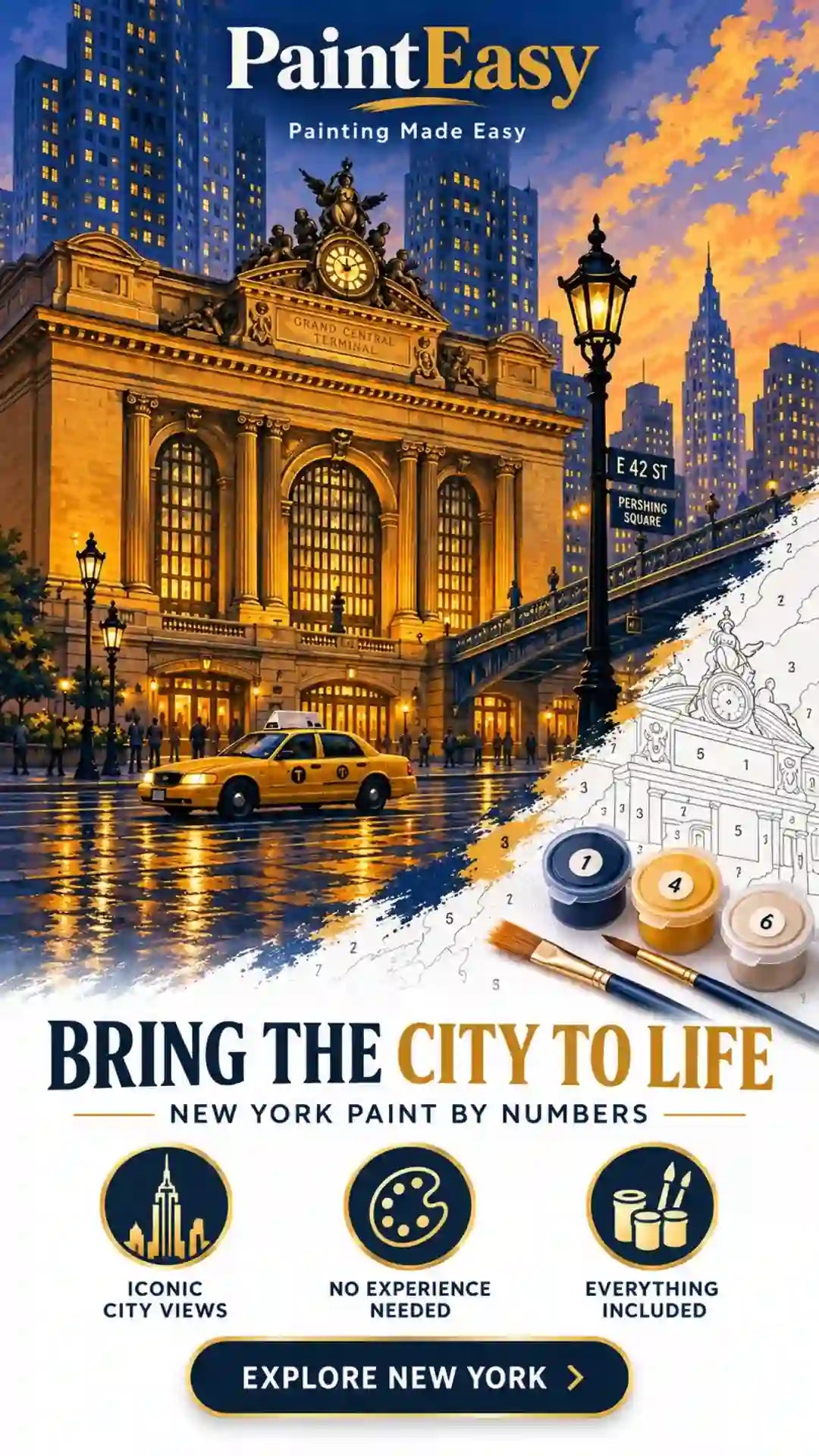 New York Public Library street scene paint-by-numbers kit
