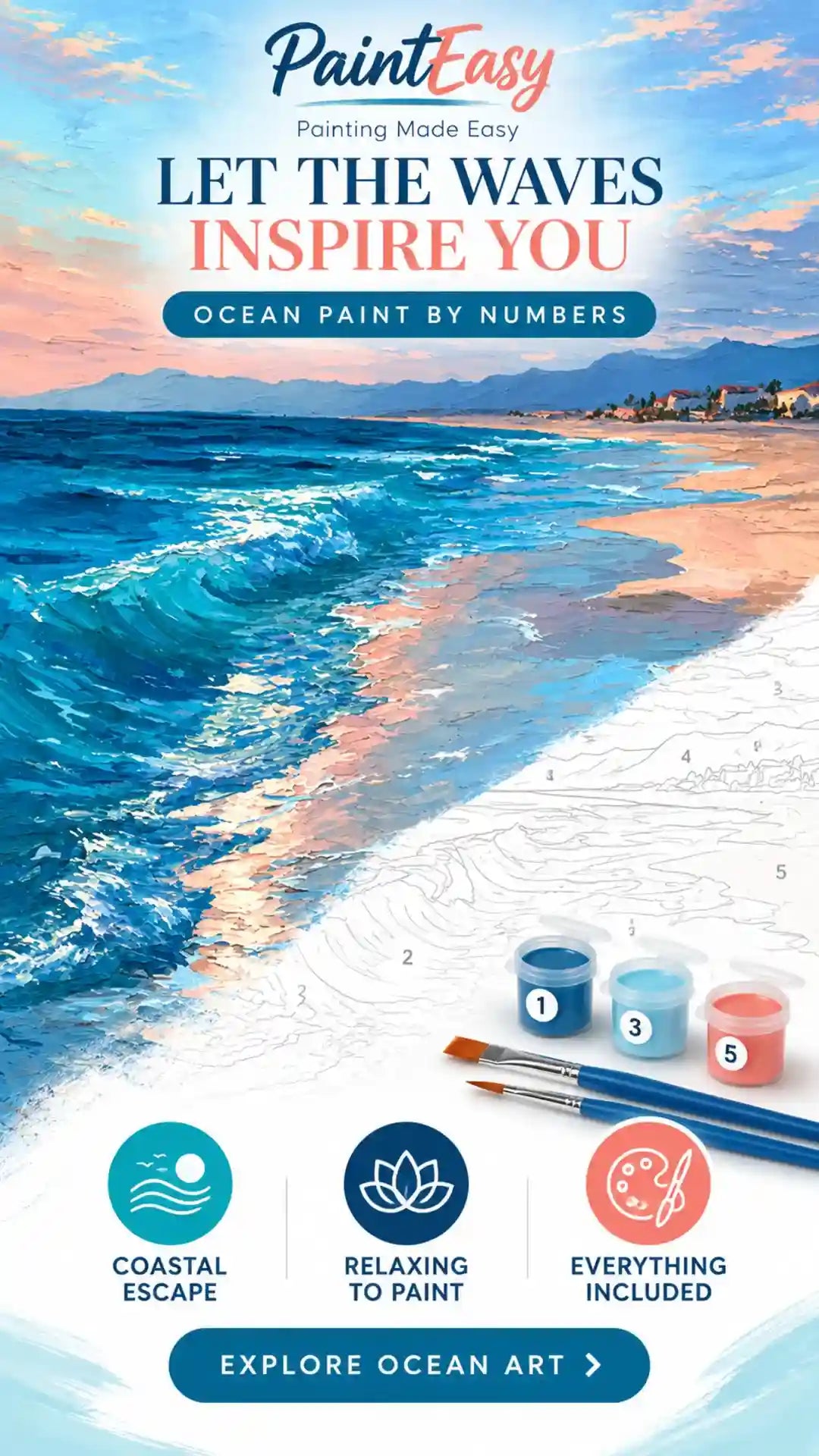 Blue ocean waves paint-by-numbers kit